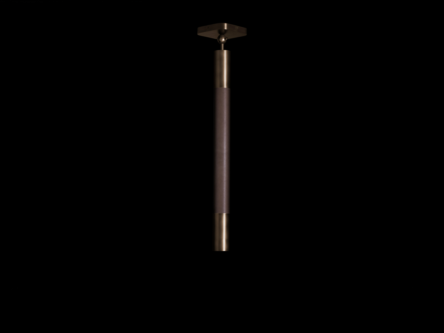 Ceiling pendant with brass caps at top and bottom and a mauve-grey leather-wrapped cylindrical body between them — Apparatus Studio Cylinder Pendant