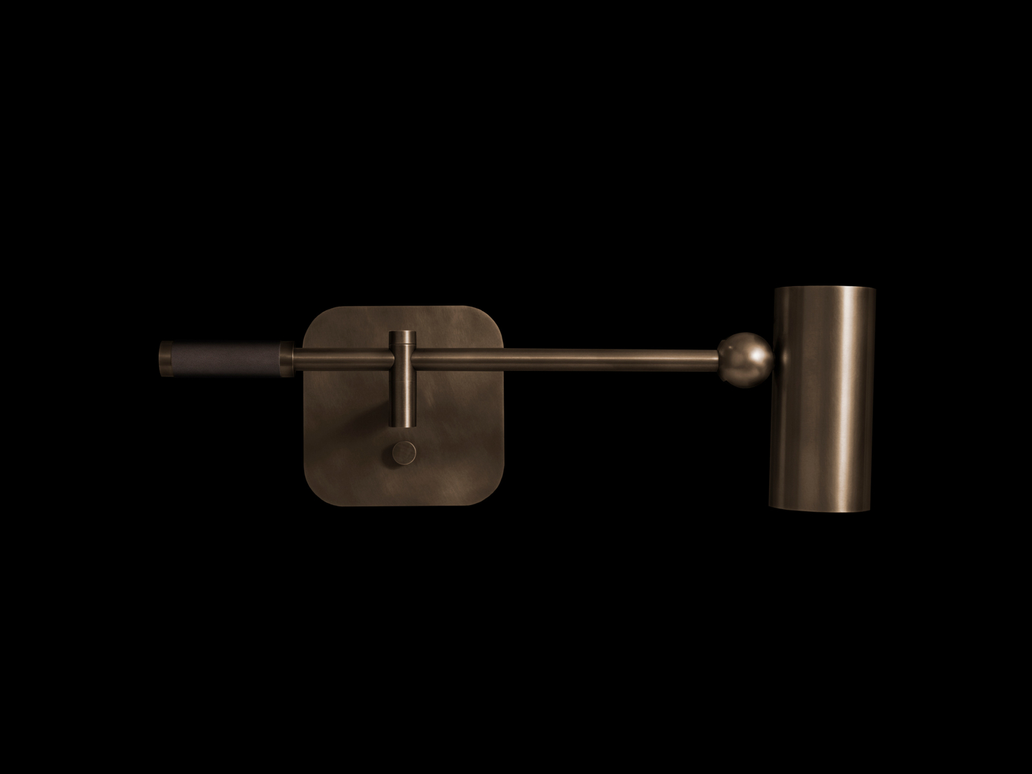 Bronze reading sconce with square backplate, long horizontal swing arm, leather-wrapped grip and pivoting cylindrical shade — Apparatus Studio Cylinder Reading Sconce