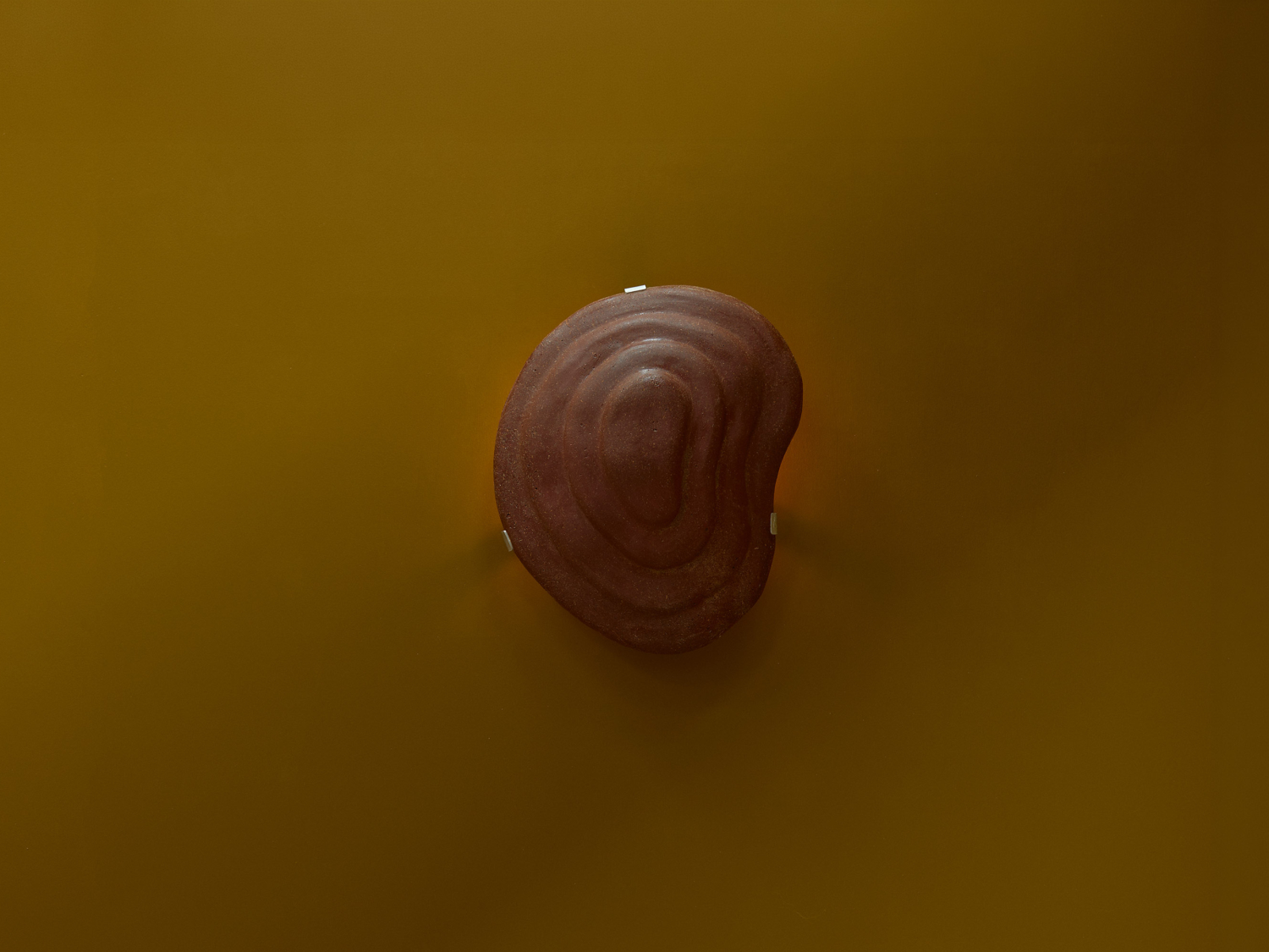 Kidney-shaped terracotta wall lamp with concentric rippled ridges, mounted on a deep ochre wall with warm backlight glow — Marte Mei Mending Lands – Lamp